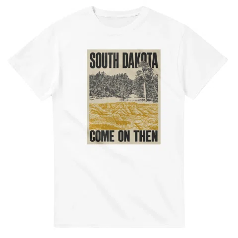 Two-colour scenic illustration for South Dakota, with the place name and COME ON THEN lettering.