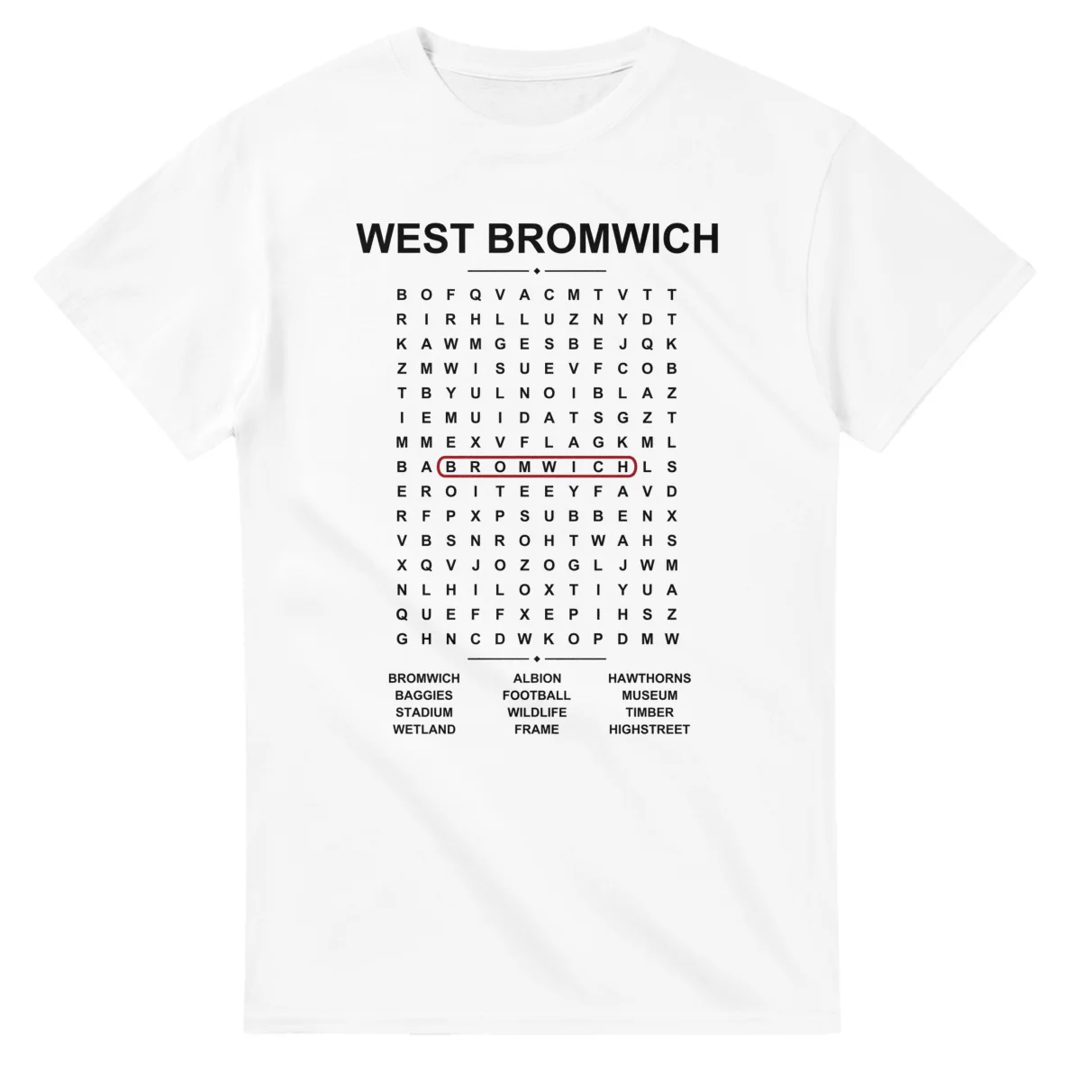 Word-search sheet for West Bromwich, with a large place-name heading, a letter grid, a local answer list, and a red highlighted example word.