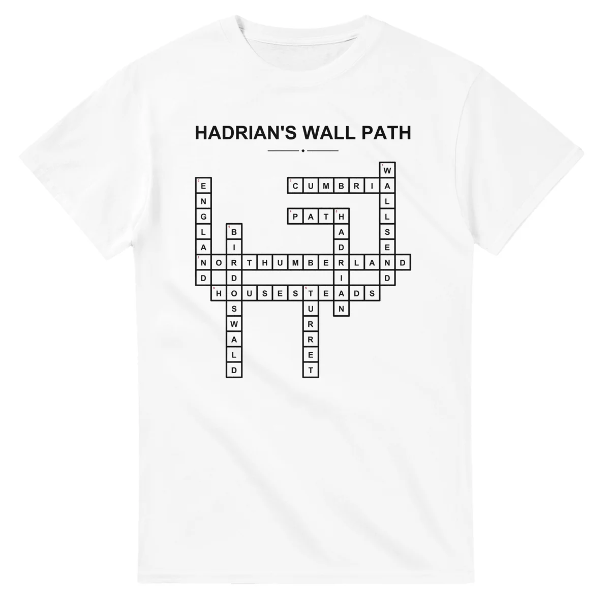 Monochrome crossword sheet for Hadrian's Wall Path, with a large place-name heading, a letter grid, and numbered across and down clues.