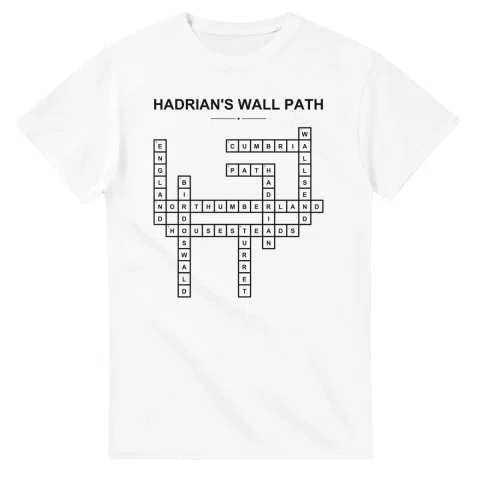 Monochrome crossword sheet for Hadrian's Wall Path, with a large place-name heading, a letter grid, and numbered across and down clues.