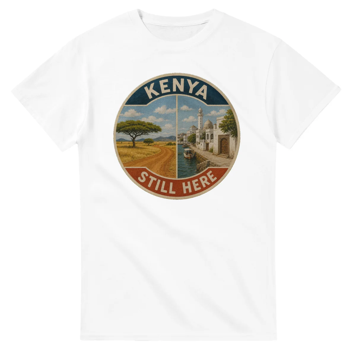 Painted, panelled scenic illustration for Kenya, with paired local scenes and the place name in lettering.