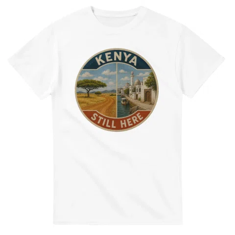Painted, panelled scenic illustration for Kenya, with paired local scenes and the place name in lettering.