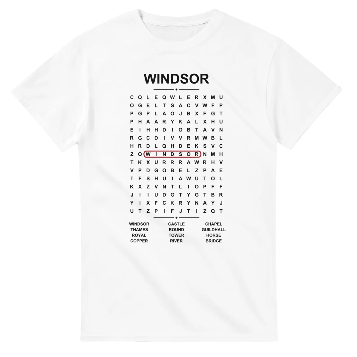 Word-search sheet for Windsor, with a large place-name heading, a letter grid, a local answer list, and a red highlighted example word.