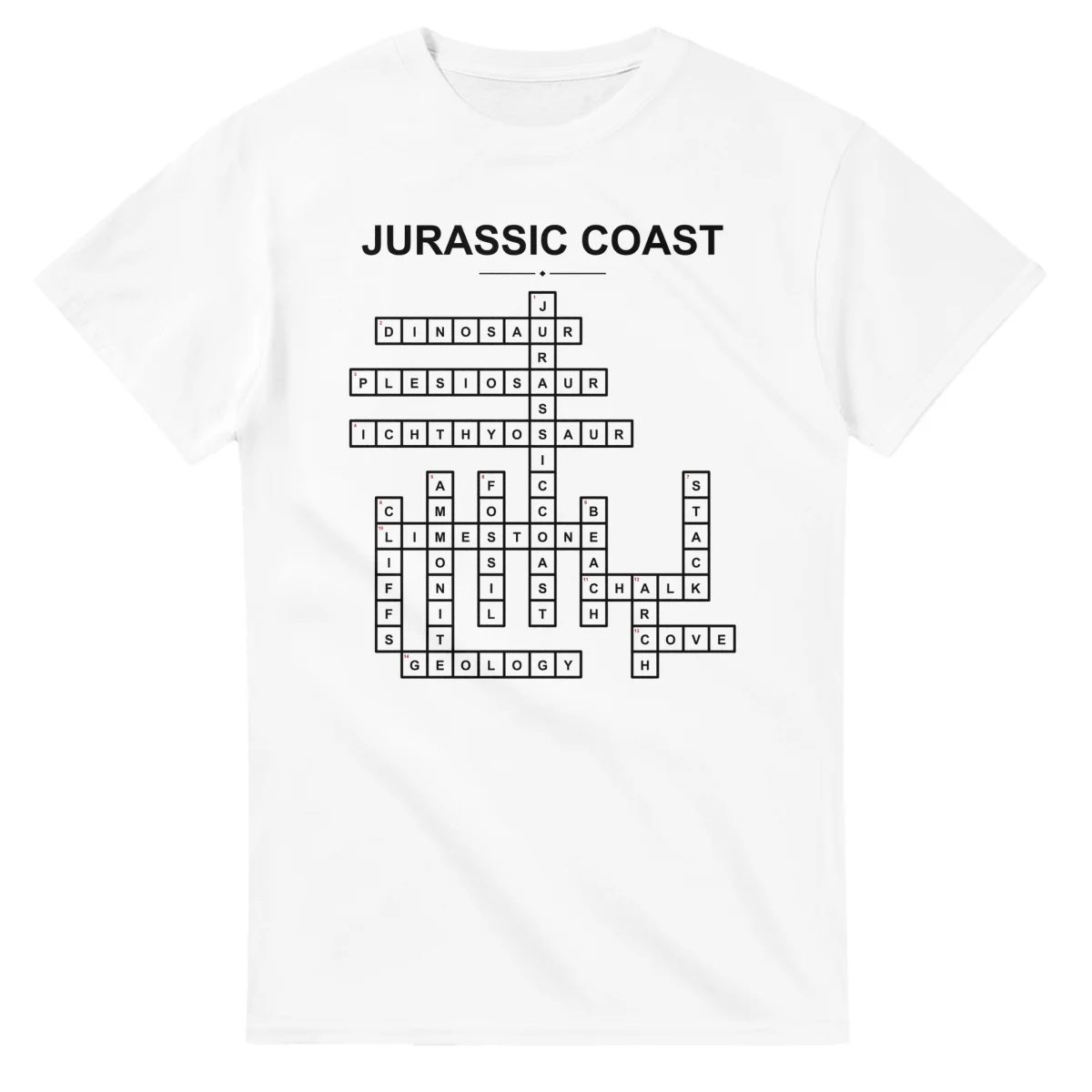 Monochrome crossword sheet for Jurassic Coast, with a large place-name heading, a letter grid, and numbered across and down clues.