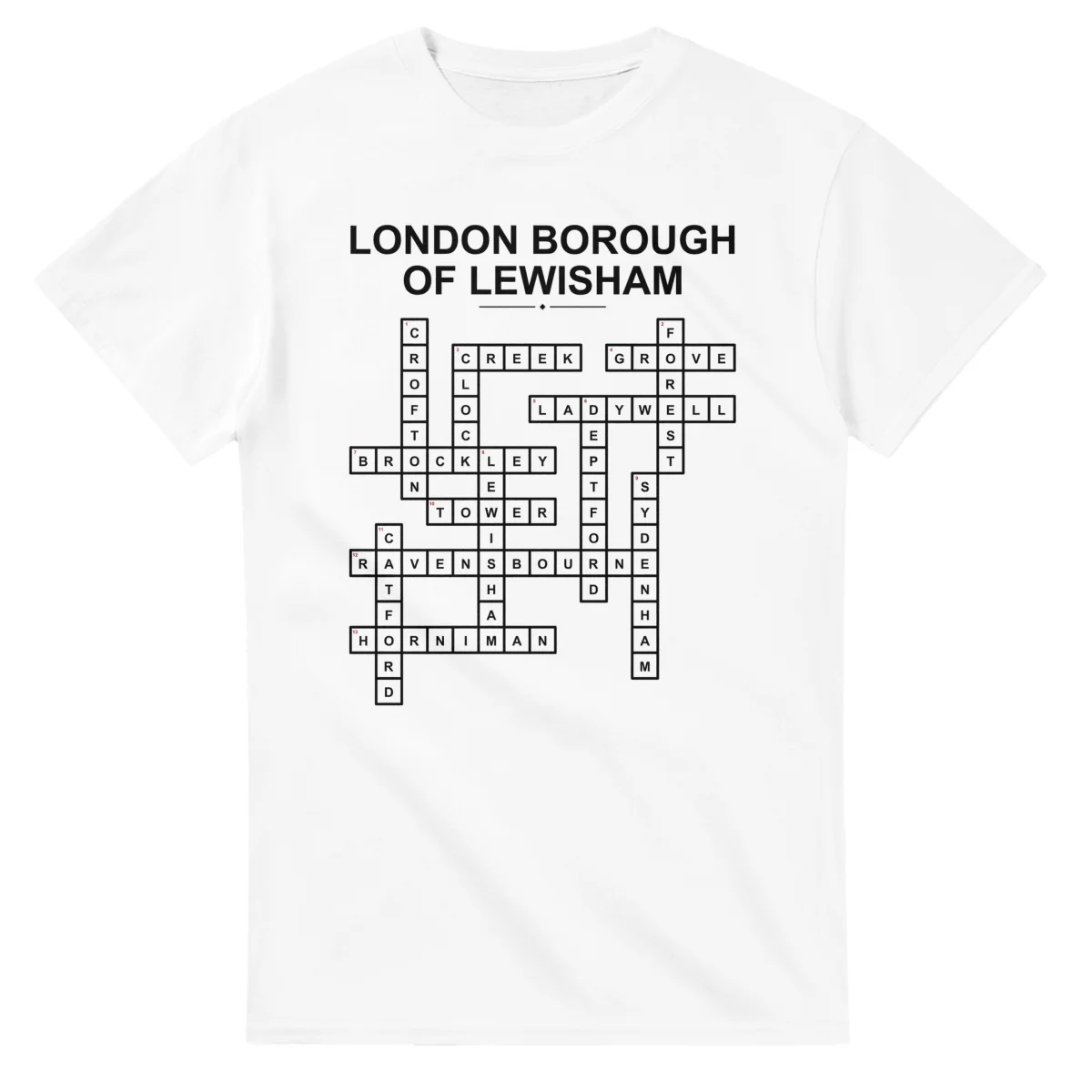 Monochrome crossword sheet for London Borough of Lewisham, with a large place-name heading, a letter grid, and numbered across and down clues.