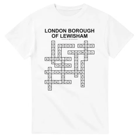 Monochrome crossword sheet for London Borough of Lewisham, with a large place-name heading, a letter grid, and numbered across and down clues.