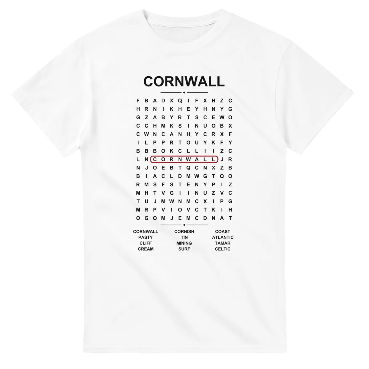 Word-search sheet for Cornwall, with a large place-name heading, a letter grid, a local answer list, and a red highlighted example word.