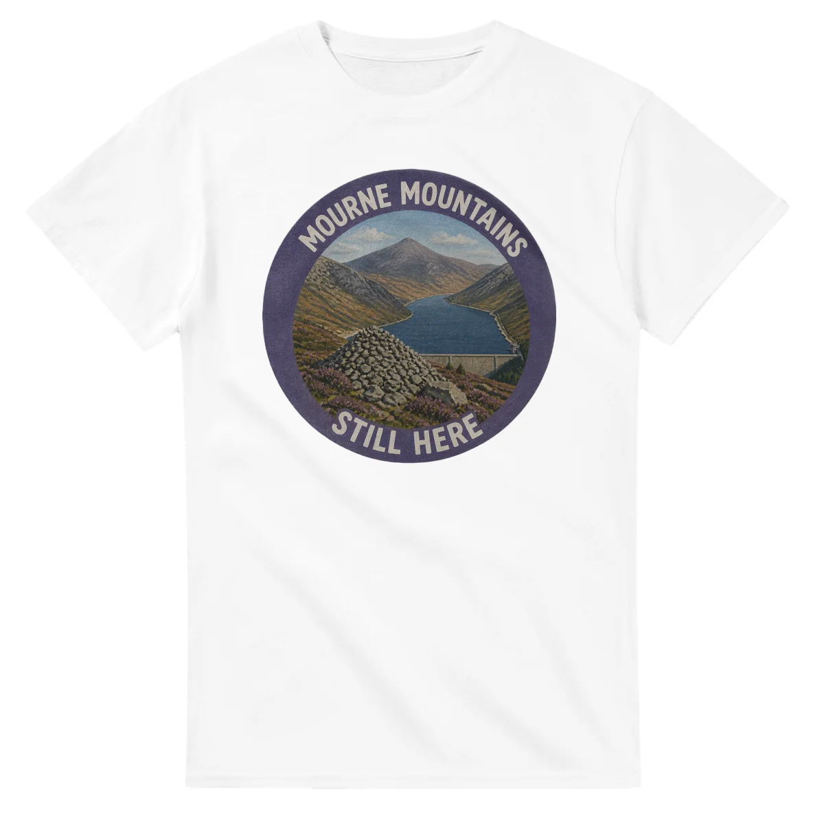 Painted, panelled scenic illustration for Mourne Mountains, with paired local scenes and the place name in lettering.