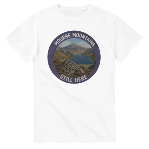 Painted, panelled scenic illustration for Mourne Mountains, with paired local scenes and the place name in lettering.