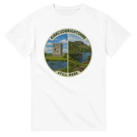 Painted, panelled scenic illustration for Kirkcudbrightshire, with paired local scenes and the place name in lettering.