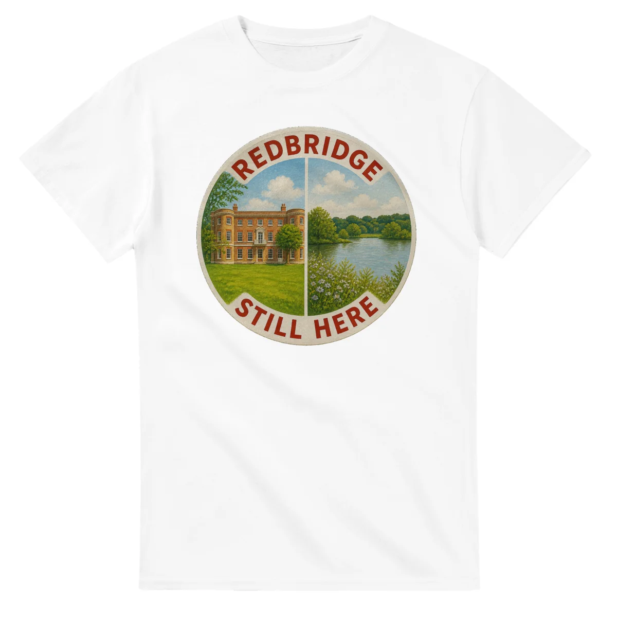 Painted, panelled scenic illustration for London Borough of Redbridge, with paired local scenes and the place name in lettering.