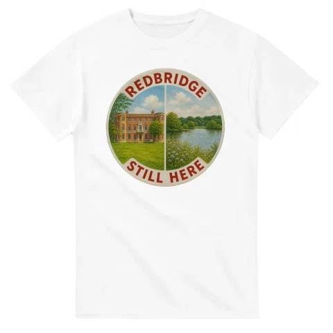 Painted, panelled scenic illustration for London Borough of Redbridge, with paired local scenes and the place name in lettering.