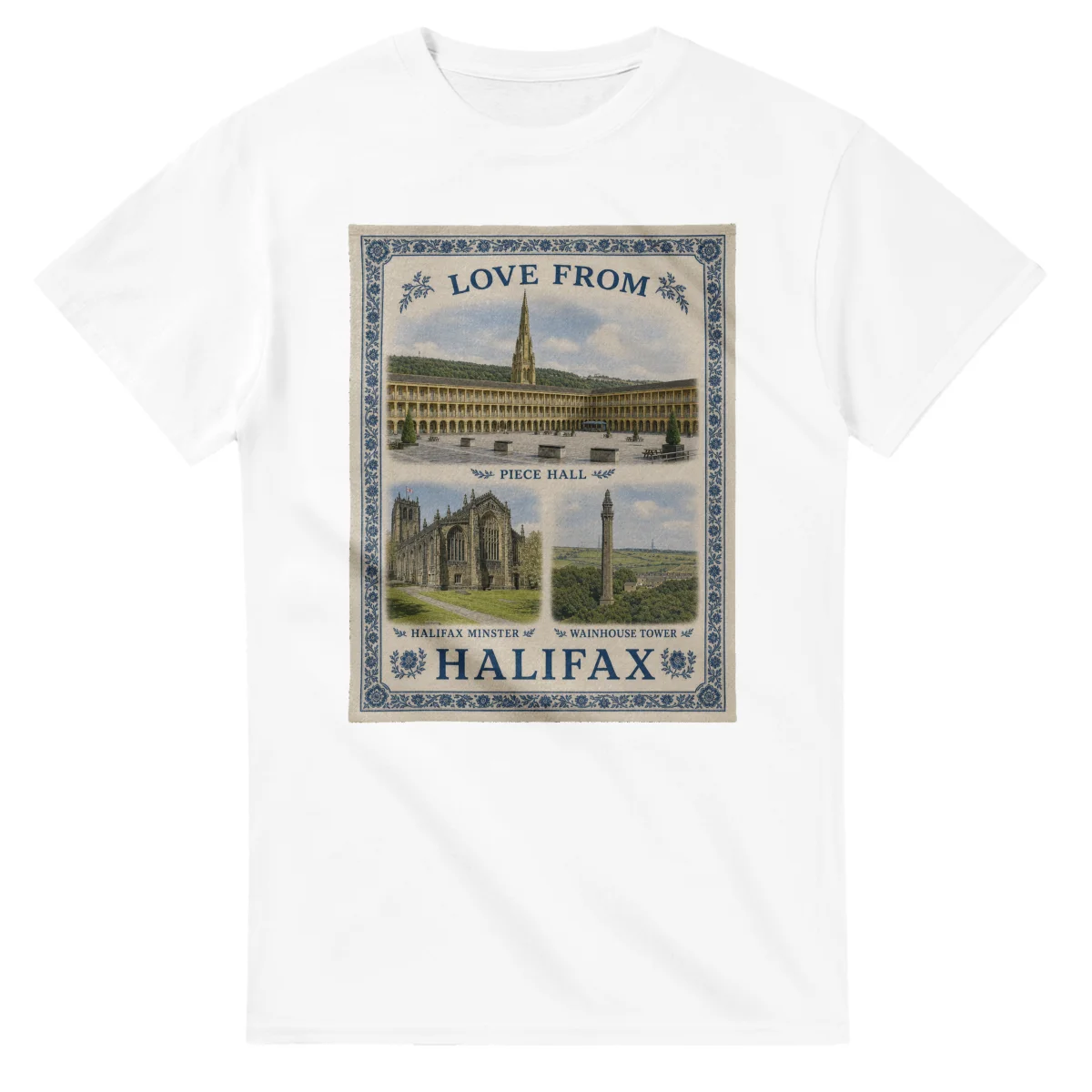 Framed scenic design for Halifax, with several local views, a decorative border and LOVE FROM lettering.