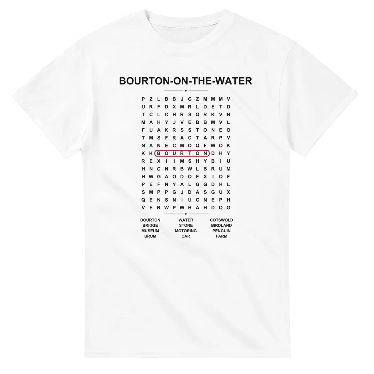 Word-search sheet for Bourton-on-the-Water, with a large place-name heading, a letter grid, a local answer list, and a red highlighted example word.