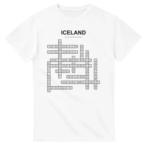 Monochrome crossword sheet for Iceland, with a large place-name heading, a letter grid, and numbered across and down clues.