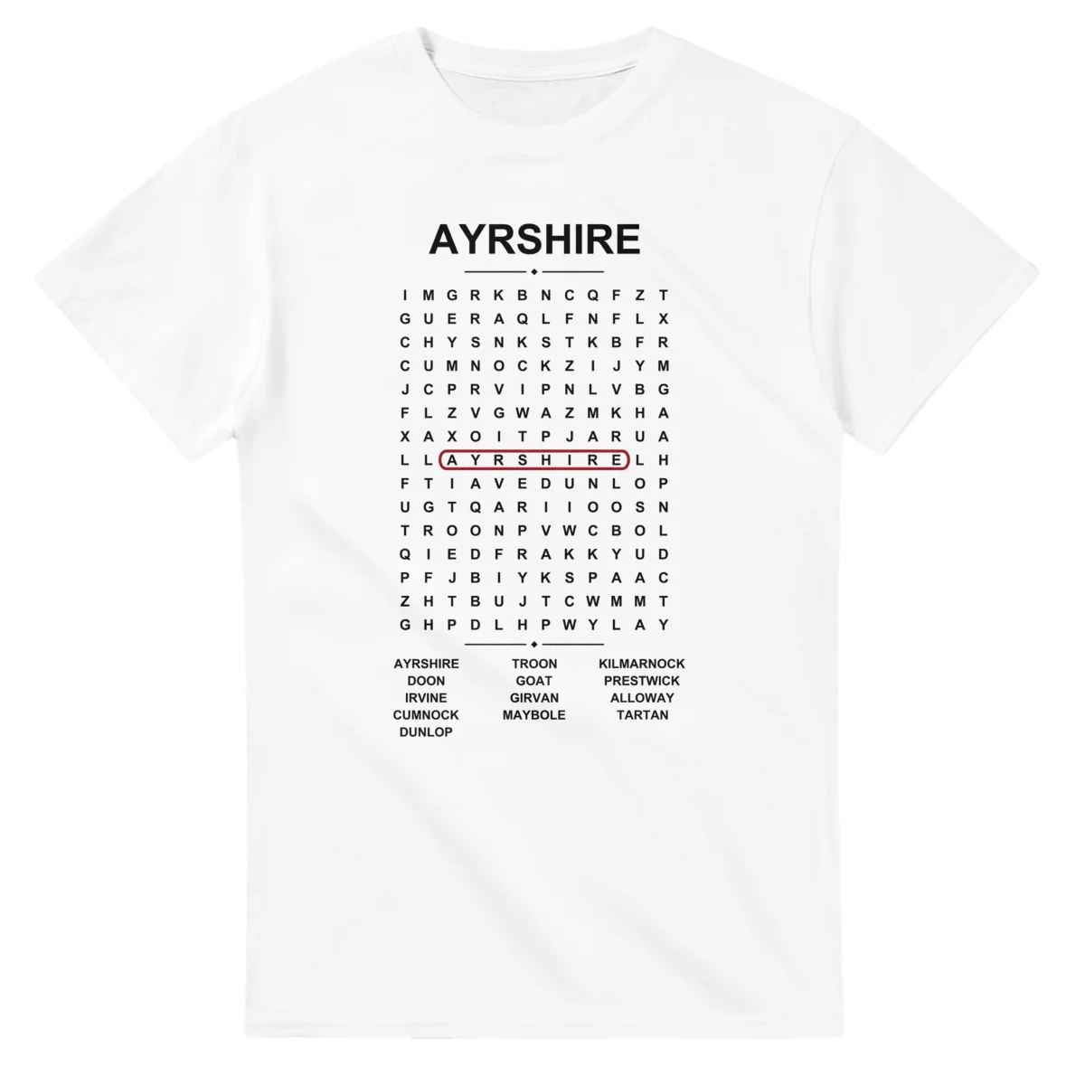 Word-search sheet for Ayrshire, with a large place-name heading, a letter grid, a local answer list, and a red highlighted example word.