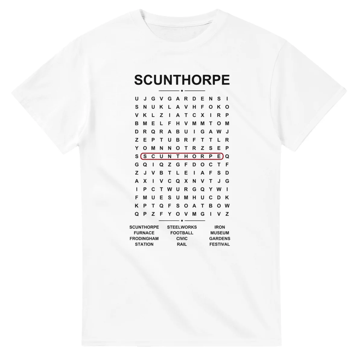 Word-search sheet for Scunthorpe, with a large place-name heading, a letter grid, a local answer list, and a red highlighted example word.