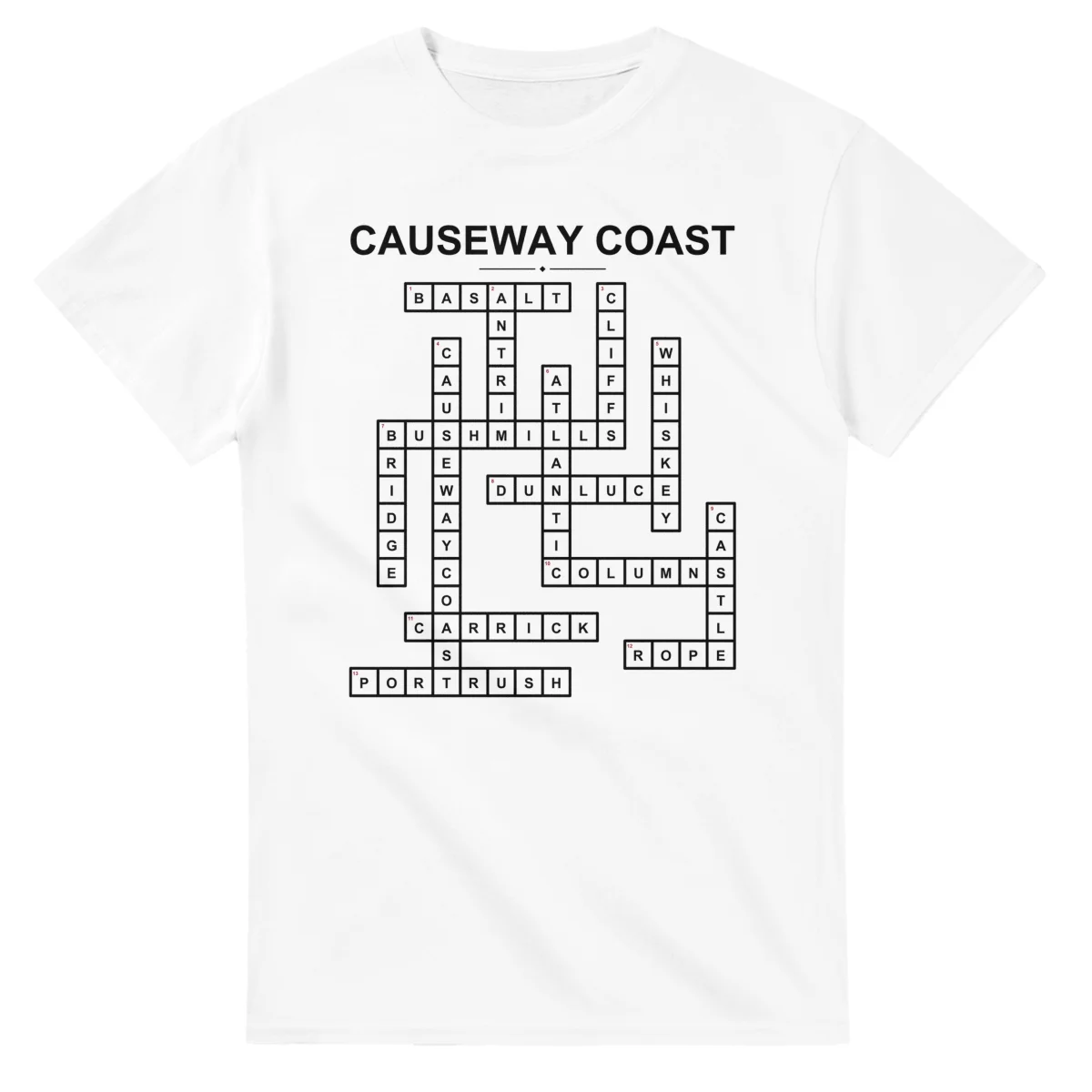 Monochrome crossword sheet for Causeway Coast, with a large place-name heading, a letter grid, and numbered across and down clues.