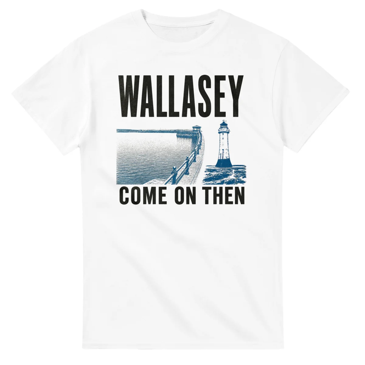 Two-colour scenic illustration for Wallasey, with the place name and COME ON THEN lettering.
