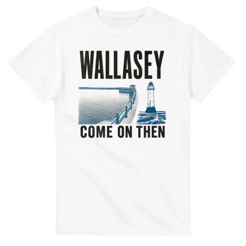 Two-colour scenic illustration for Wallasey, with the place name and COME ON THEN lettering.