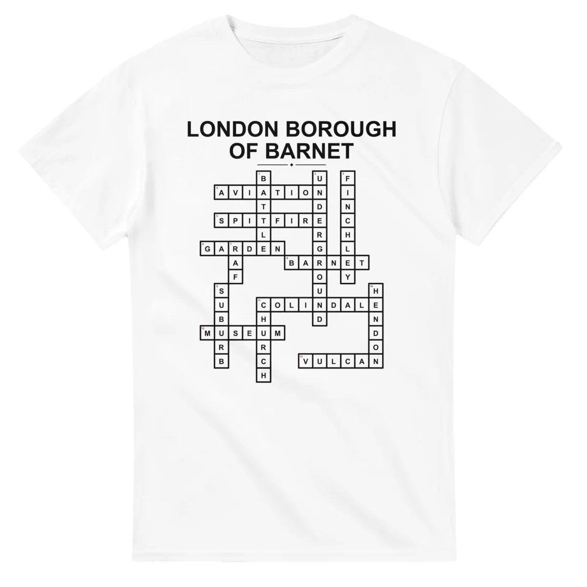 Monochrome crossword sheet for London Borough of Barnet, with a large place-name heading, a letter grid, and numbered across and down clues.