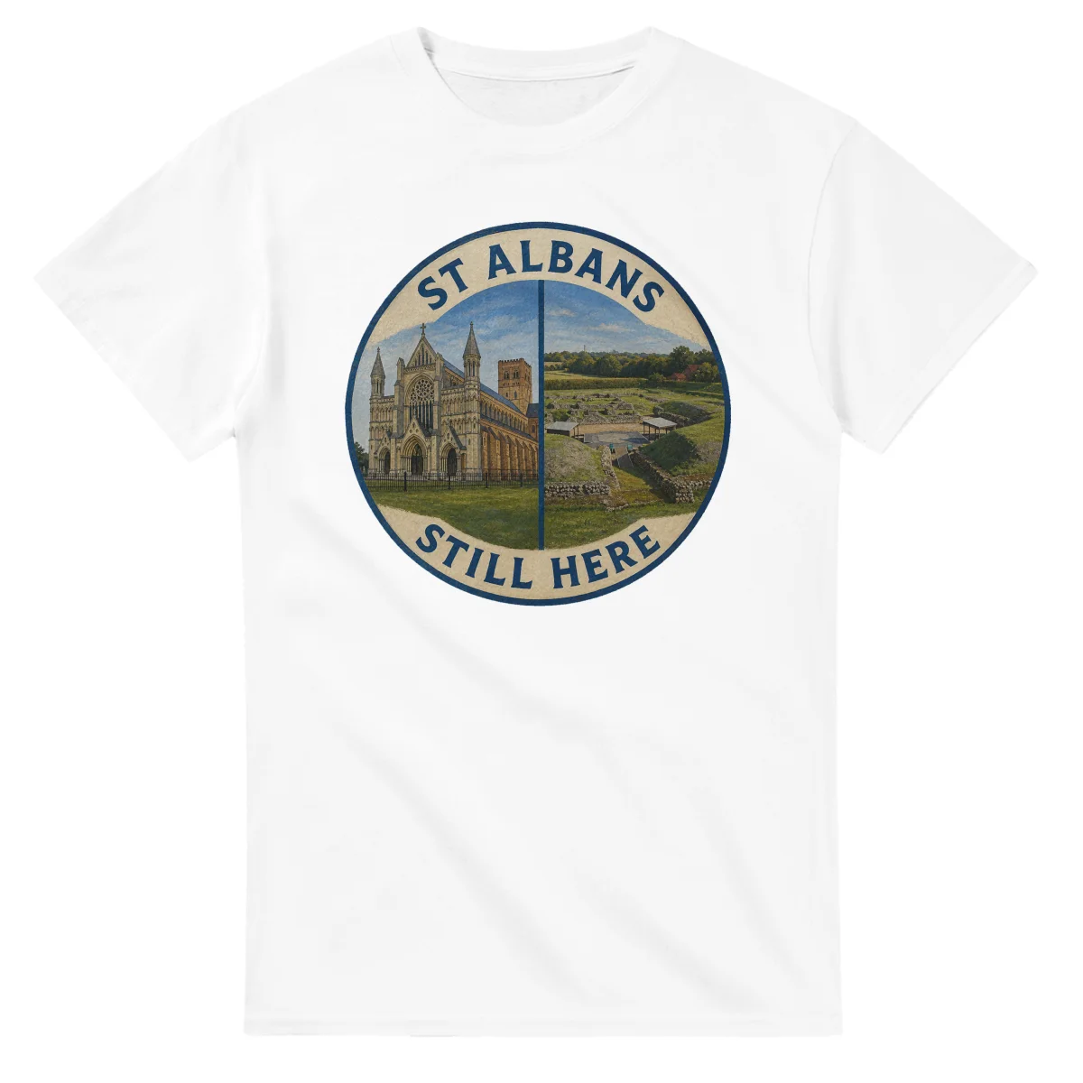 Painted, panelled scenic illustration for St Albans, with paired local scenes and the place name in lettering.