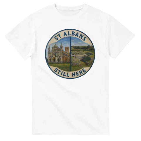 Painted, panelled scenic illustration for St Albans, with paired local scenes and the place name in lettering.