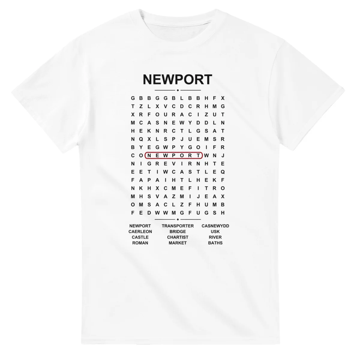 Word-search sheet for Newport, with a large place-name heading, a letter grid, a local answer list, and a red highlighted example word.