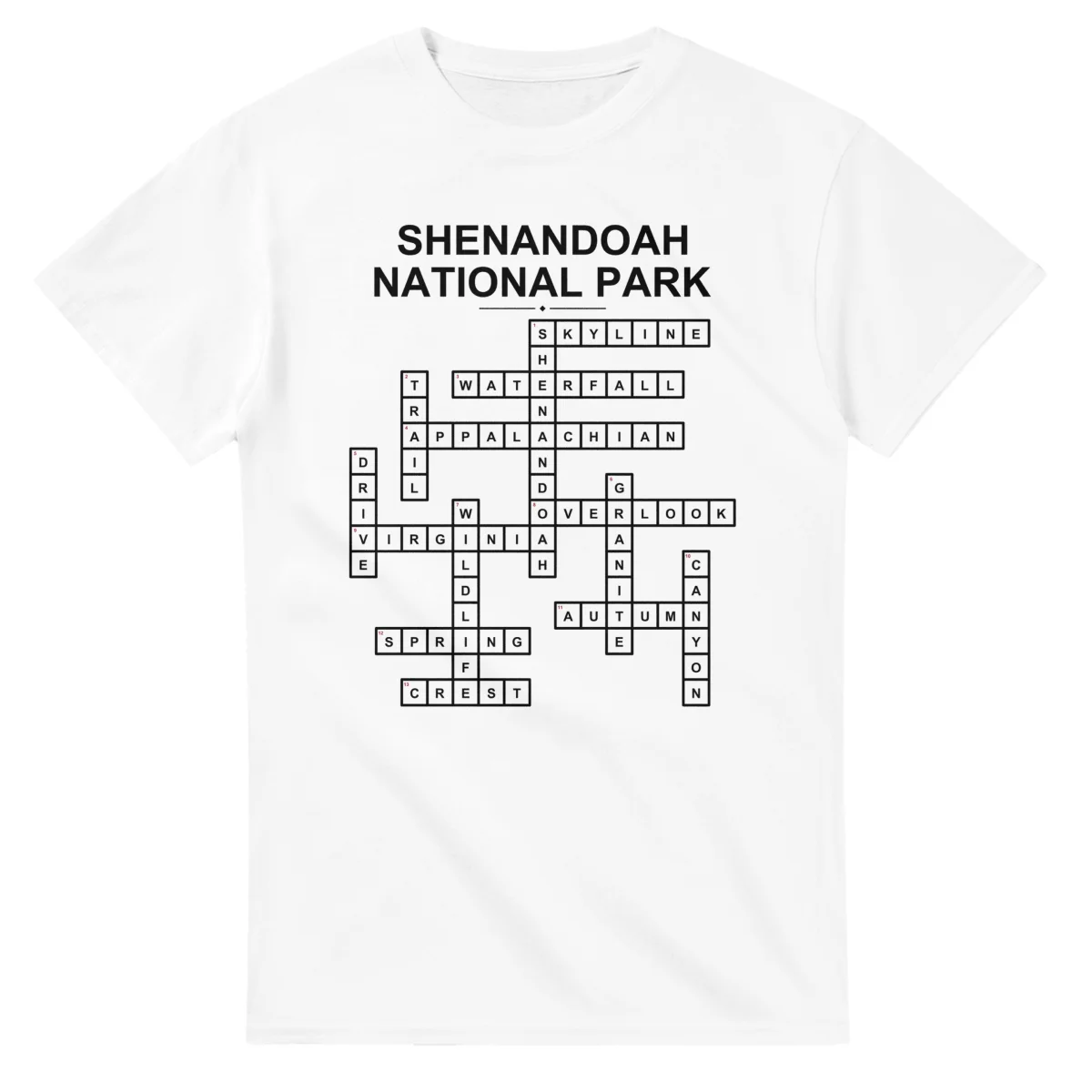 Monochrome crossword sheet for Shenandoah National Park, with a large place-name heading, a letter grid, and numbered across and down clues.