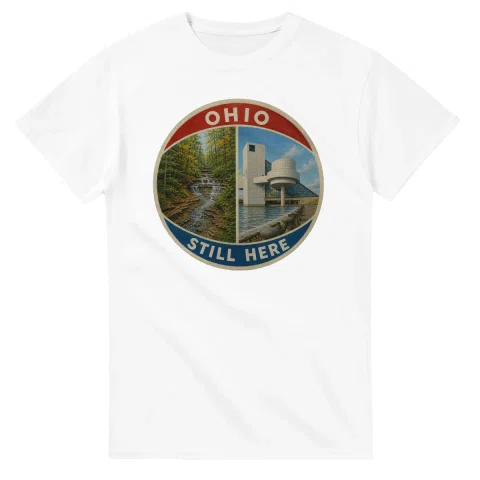 Painted, panelled scenic illustration for Ohio, with paired local scenes and the place name in lettering.