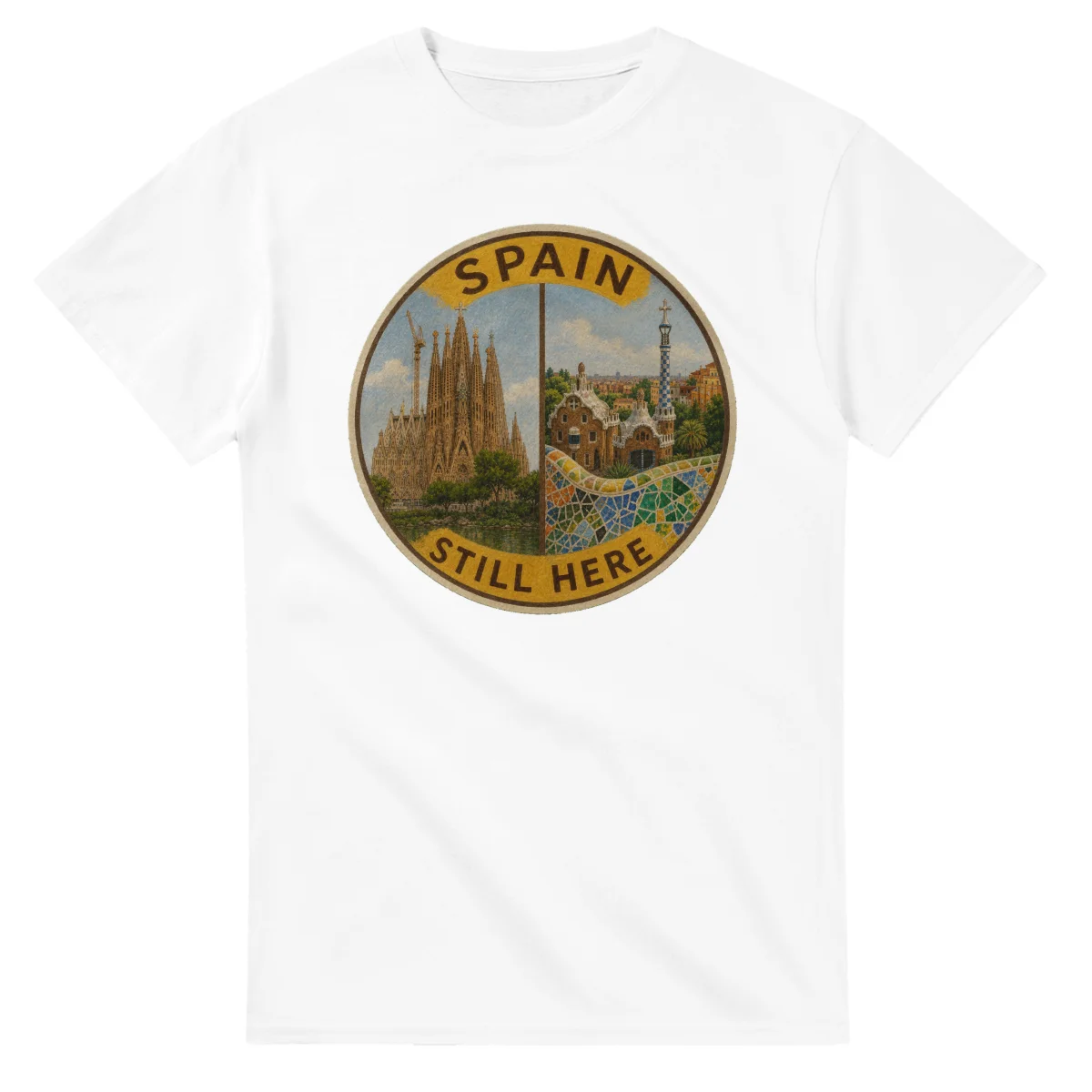 Painted, panelled scenic illustration for Spain, with paired local scenes and the place name in lettering.