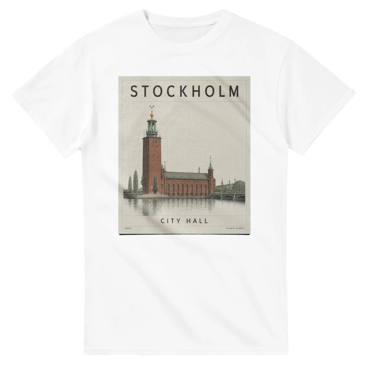 Fine-line engraving-style drawing for Stockholm, with a landmark caption and small coordinate text.