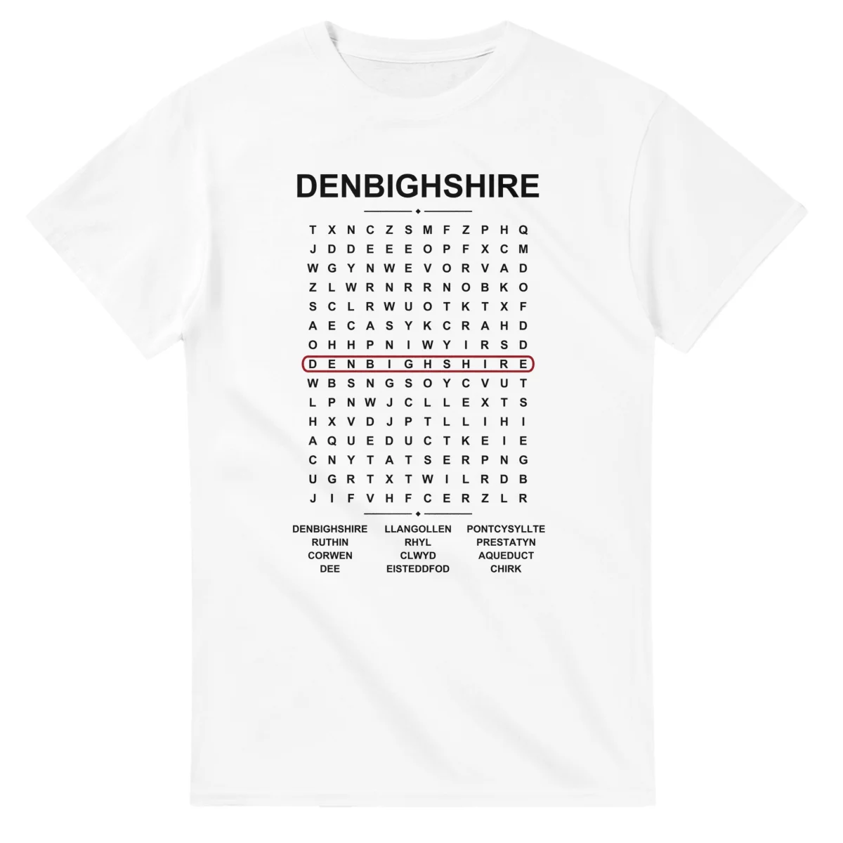 Word-search sheet for Denbighshire, with a large place-name heading, a letter grid, a local answer list, and a red highlighted example word.