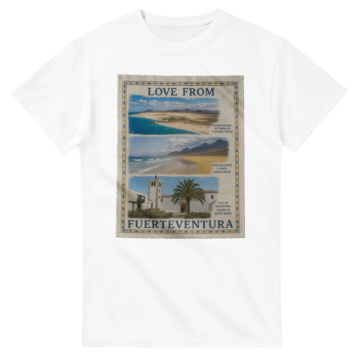 Framed scenic design for Fuerteventura, with several local views, a decorative border and LOVE FROM lettering.