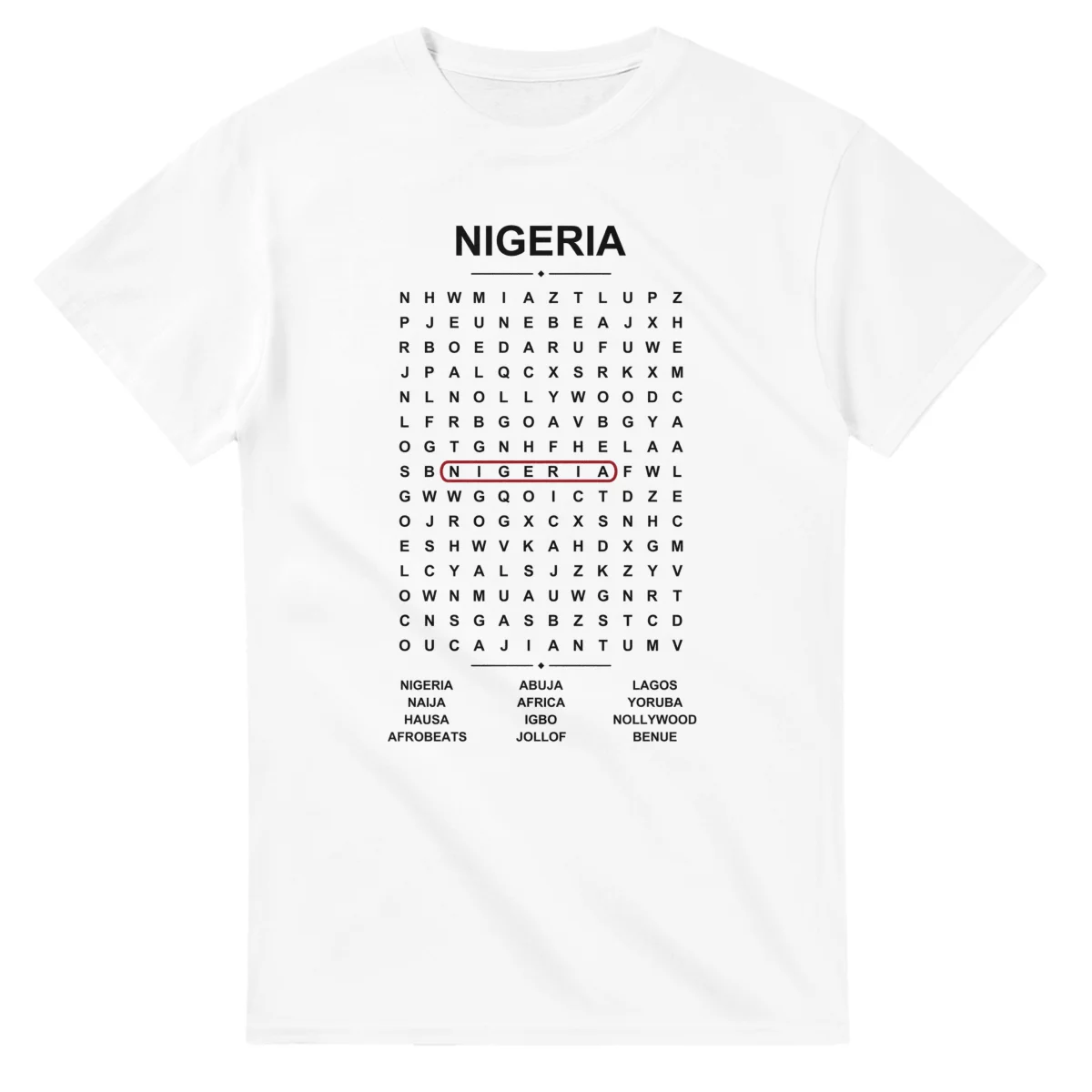 Word-search sheet for Nigeria, with a large place-name heading, a letter grid, a local answer list, and a red highlighted example word.