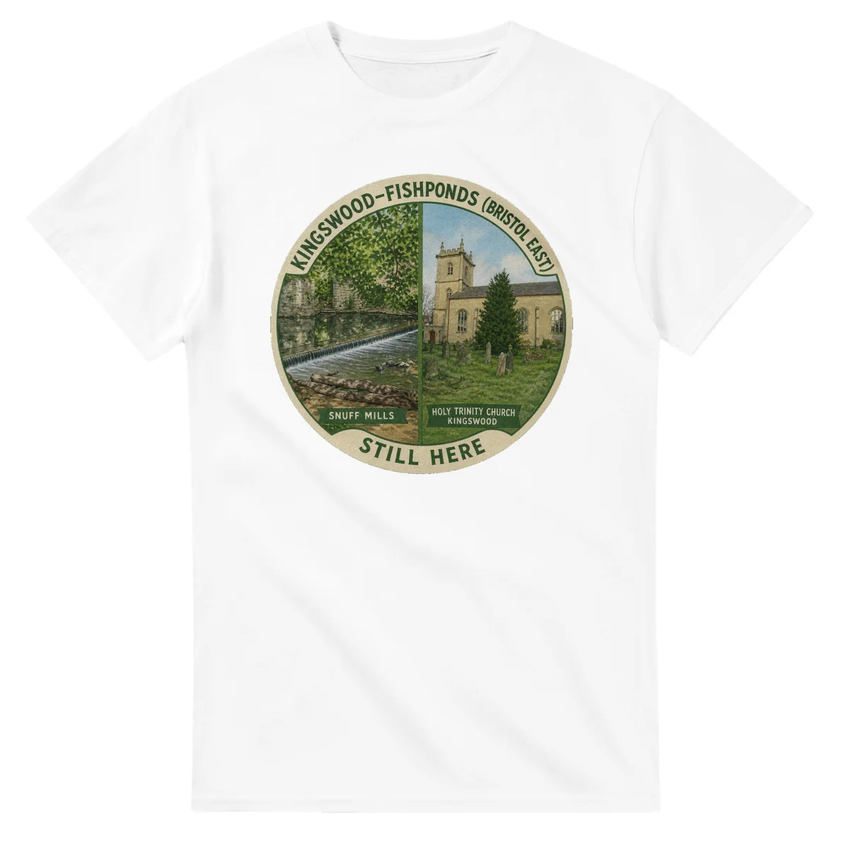 Painted, panelled scenic illustration for Kingswood–Fishponds (Bristol East), with paired local scenes and the place name in lettering.