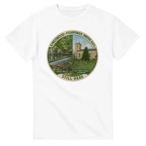 Painted, panelled scenic illustration for Kingswood–Fishponds (Bristol East), with paired local scenes and the place name in lettering.