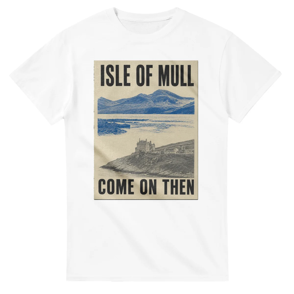 Two-colour scenic illustration for Isle of Mull, with the place name and COME ON THEN lettering.