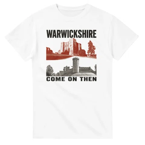 Two-colour scenic illustration for Warwickshire, with the place name and COME ON THEN lettering.