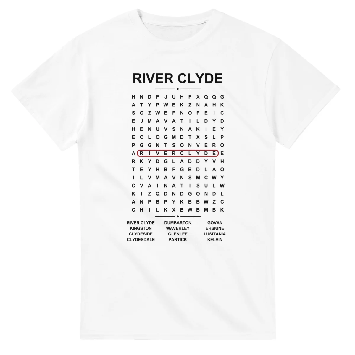 Word-search sheet for River Clyde, with a large place-name heading, a letter grid, a local answer list, and a red highlighted example word.