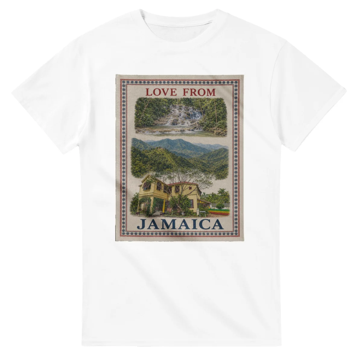 Framed scenic design for Jamaica, with several local views, a decorative border and LOVE FROM lettering.