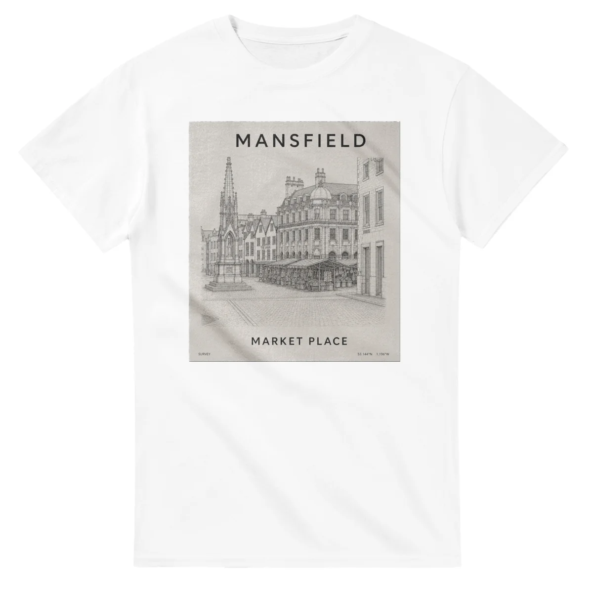 Fine-line engraving-style drawing for Mansfield, with a landmark caption and small coordinate text.