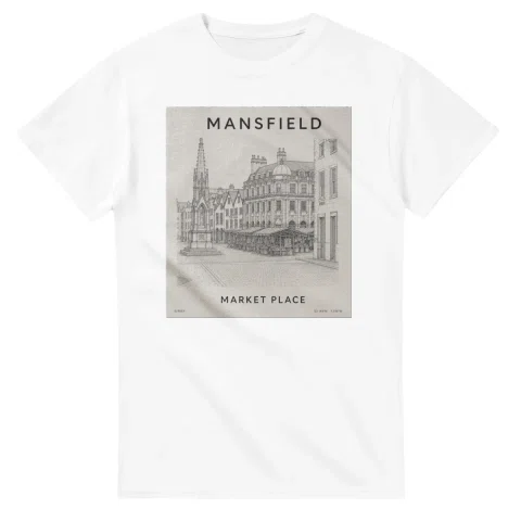 Fine-line engraving-style drawing for Mansfield, with a landmark caption and small coordinate text.