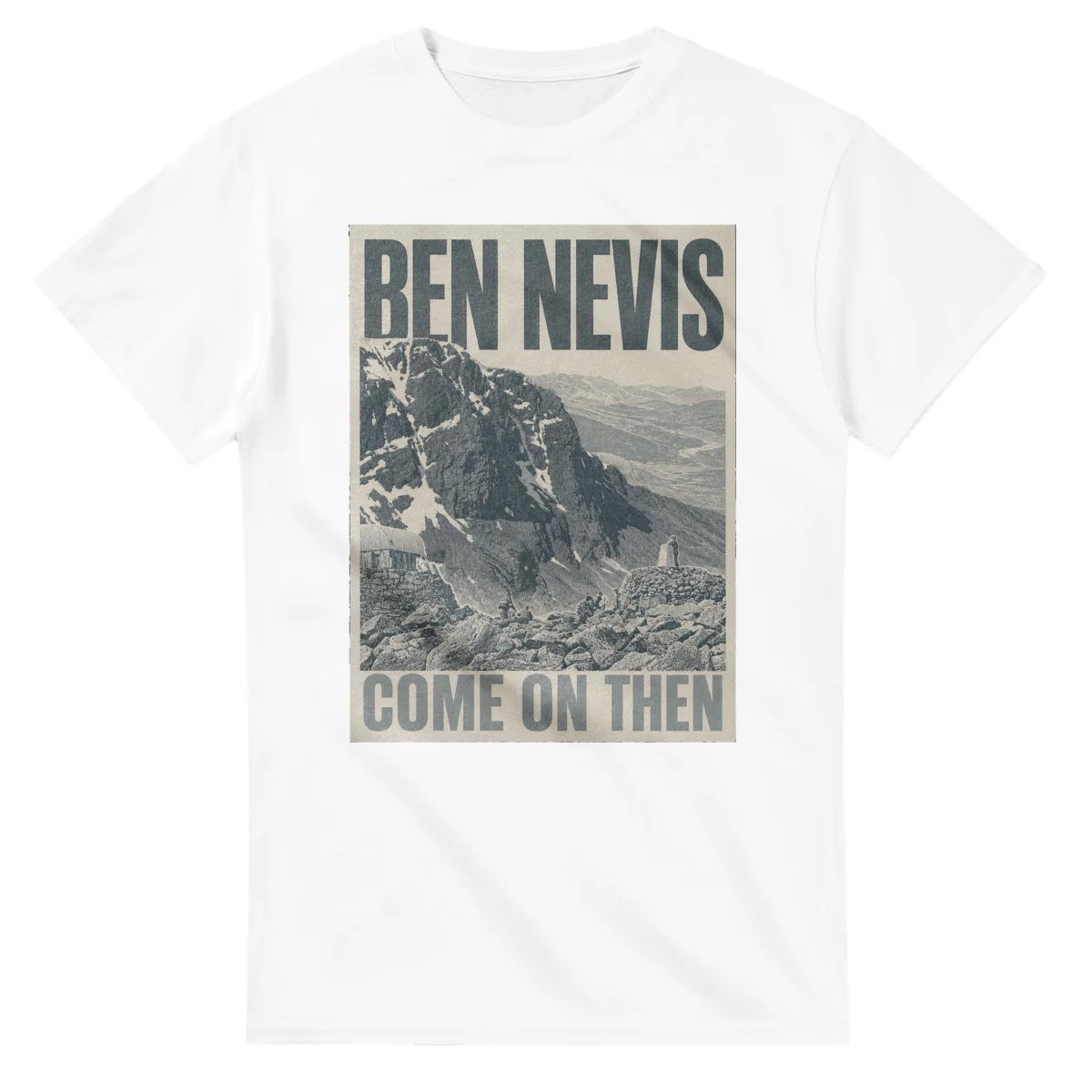 Two-colour scenic illustration for Ben Nevis, with the place name and COME ON THEN lettering.