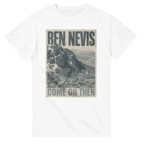Two-colour scenic illustration for Ben Nevis, with the place name and COME ON THEN lettering.