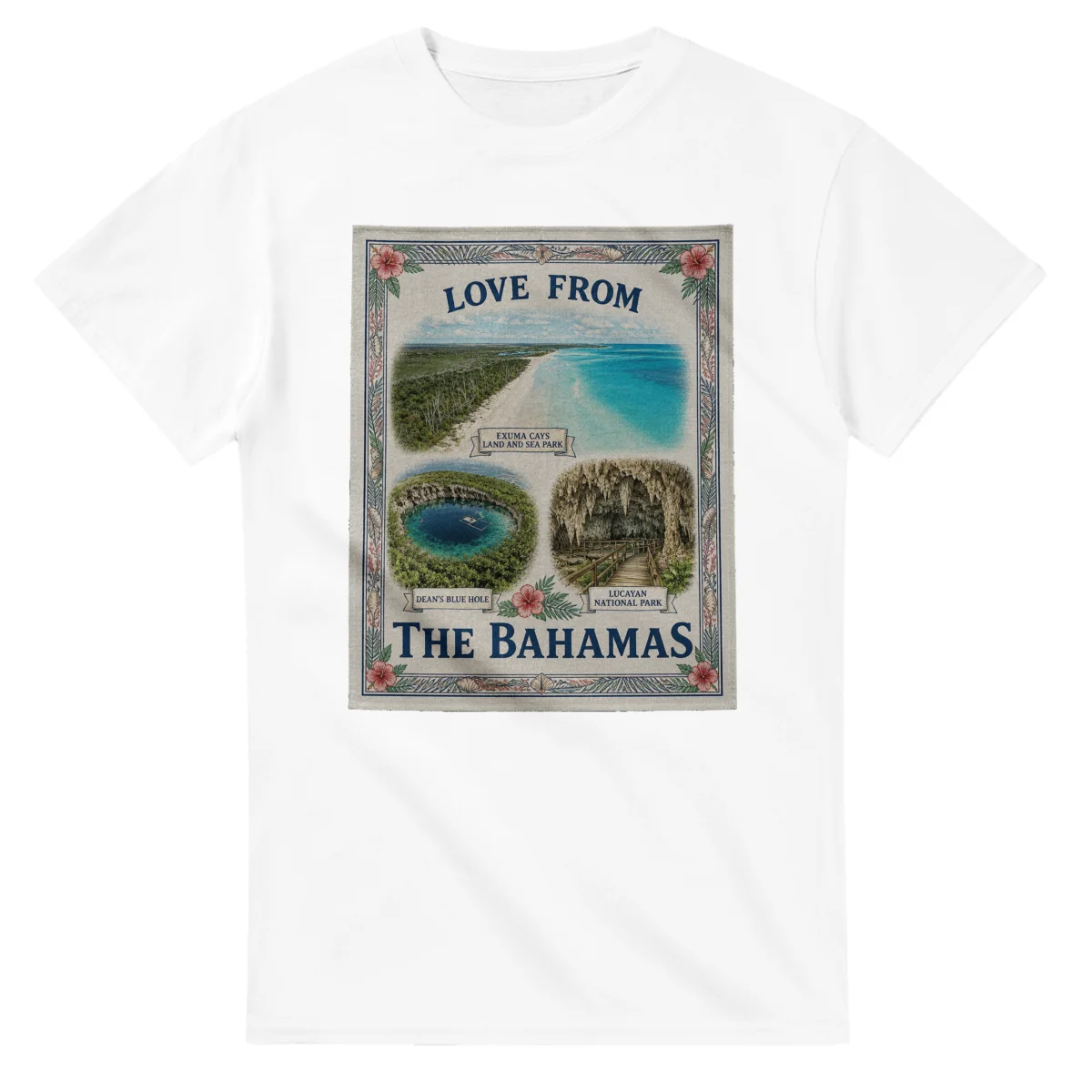 Framed scenic design for The Bahamas, with several local views, a decorative border and LOVE FROM lettering.