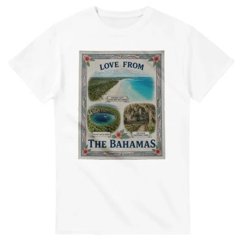 Framed scenic design for The Bahamas, with several local views, a decorative border and LOVE FROM lettering.