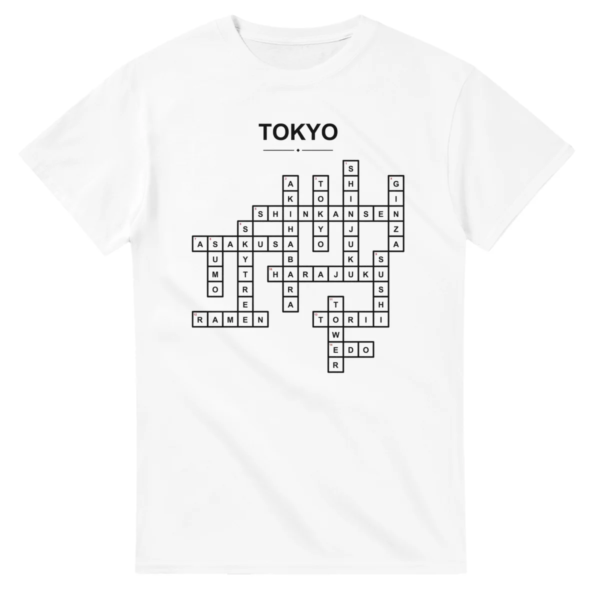 Monochrome crossword sheet for Tokyo, with a large place-name heading, a letter grid, and numbered across and down clues.
