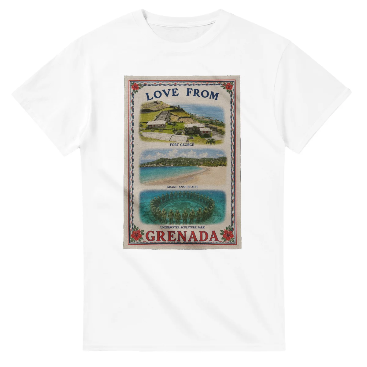 Framed scenic design for Grenada, with several local views, a decorative border and LOVE FROM lettering.