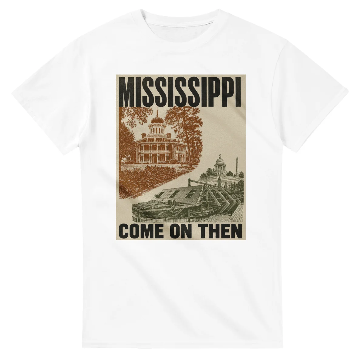 Two-colour scenic illustration for Mississippi, with the place name and COME ON THEN lettering.